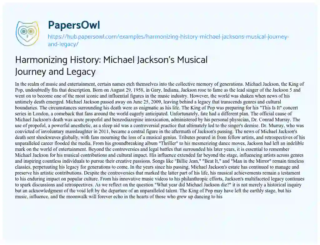 Essay on Harmonizing History: Michael Jackson’s Musical Journey and Legacy