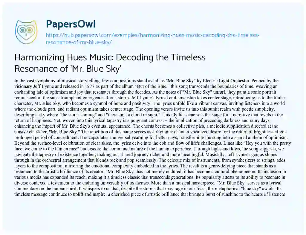 Essay on Harmonizing Hues Music: Decoding the Timeless Resonance of ‘Mr. Blue Sky’