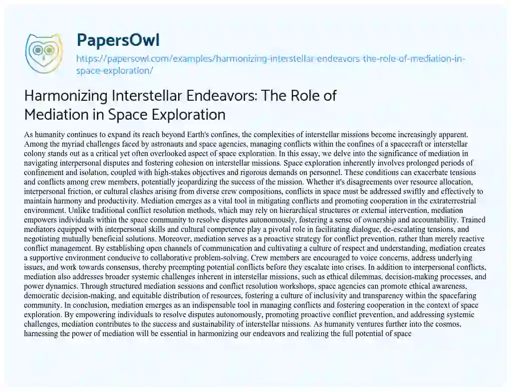 Essay on Harmonizing Interstellar Endeavors: The Role of Mediation in Space Exploration