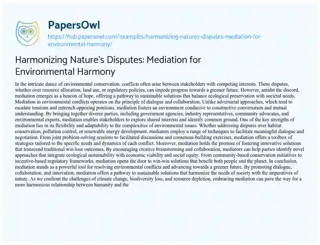 Essay on Harmonizing Nature’s Disputes: Mediation for Environmental Harmony