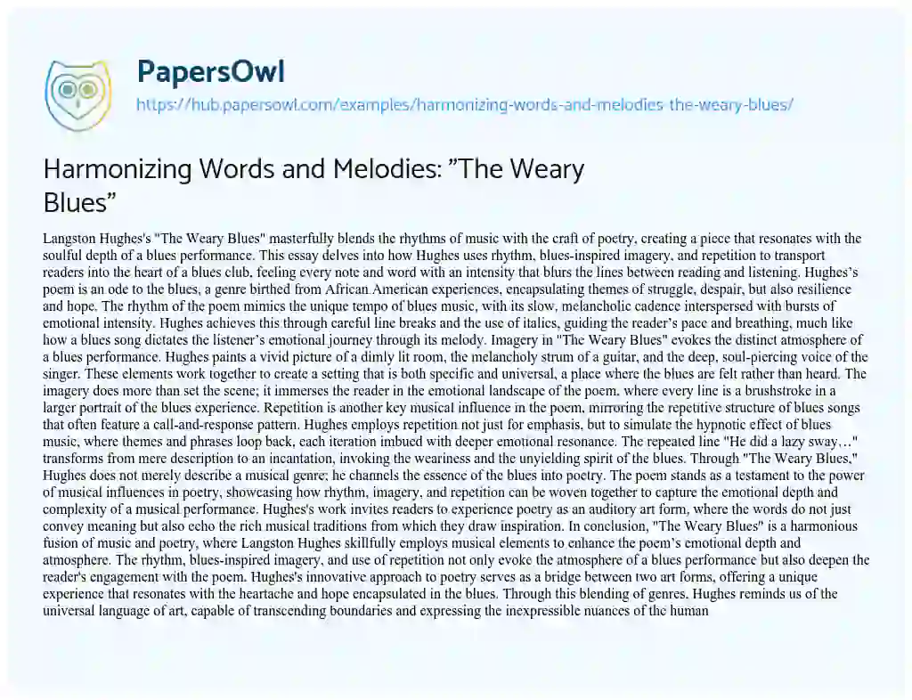 Essay on Harmonizing Words and Melodies: “The Weary Blues”