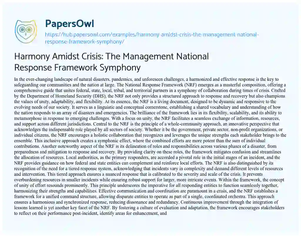 Essay on Harmony Amidst Crisis: The Management National Response Framework Symphony