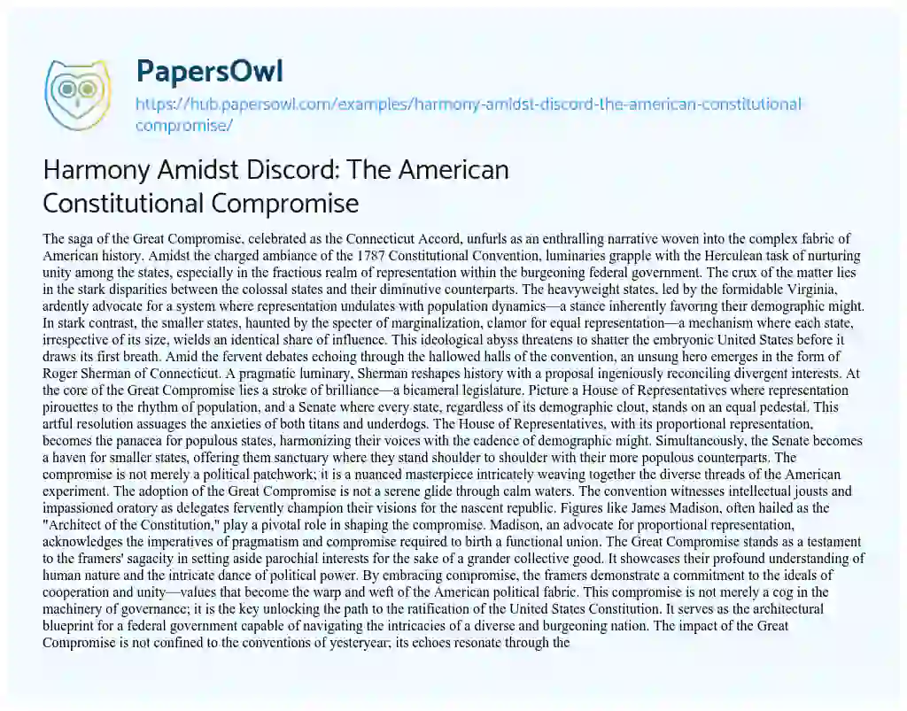 Essay on Harmony Amidst Discord: The American Constitutional Compromise