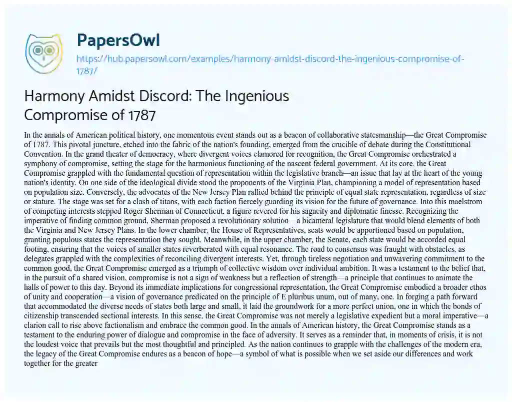 Essay on Harmony Amidst Discord: The Ingenious Compromise of 1787