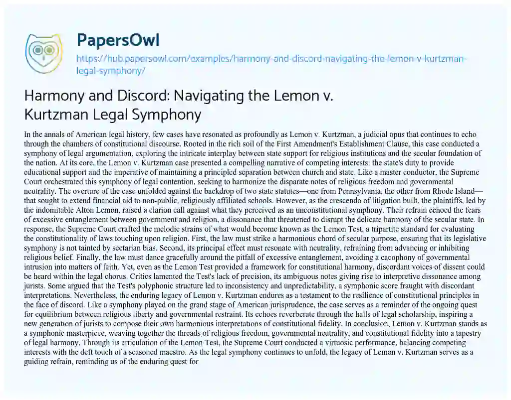 Essay on Harmony and Discord: Navigating the Lemon v. Kurtzman Legal Symphony