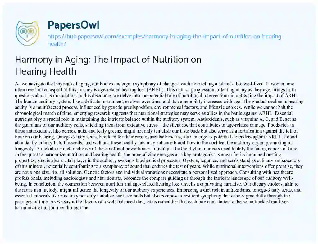 Essay on Harmony in Aging: The Impact of Nutrition on Hearing Health