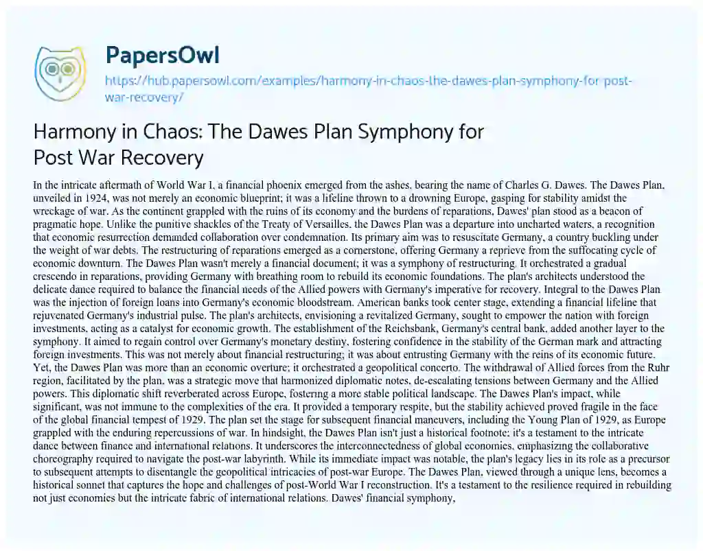 Essay on Harmony in Chaos: The Dawes Plan Symphony for Post War Recovery