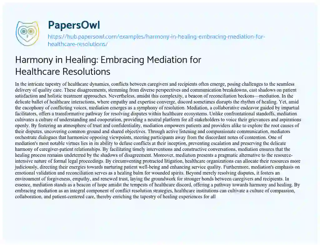 Essay on Harmony in Healing: Embracing Mediation for Healthcare Resolutions