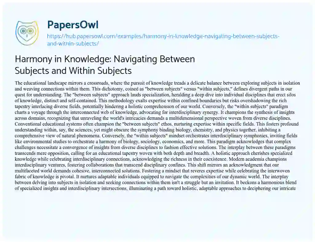 Essay on Harmony in Knowledge: Navigating Between Subjects and Within Subjects