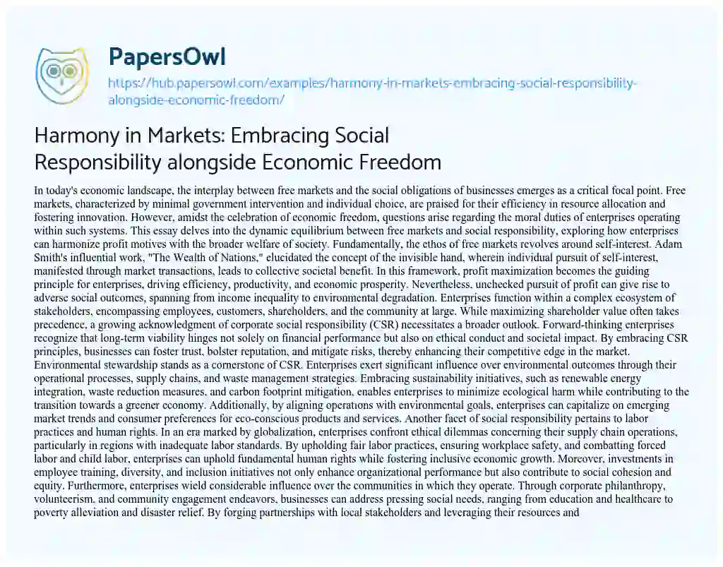 Essay on Harmony in Markets: Embracing Social Responsibility alongside Economic Freedom