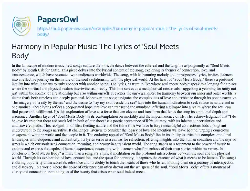 Essay on Harmony in Popular Music: The Lyrics of ‘Soul Meets Body’