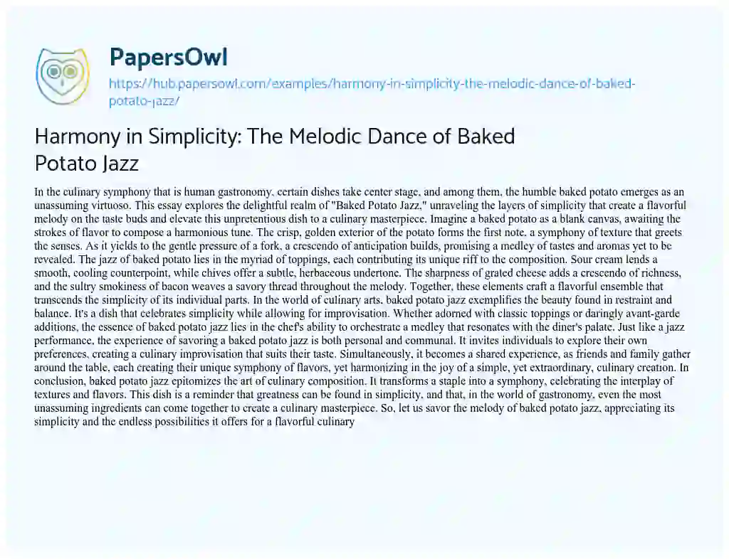 Essay on Harmony in Simplicity: The Melodic Dance of Baked Potato Jazz