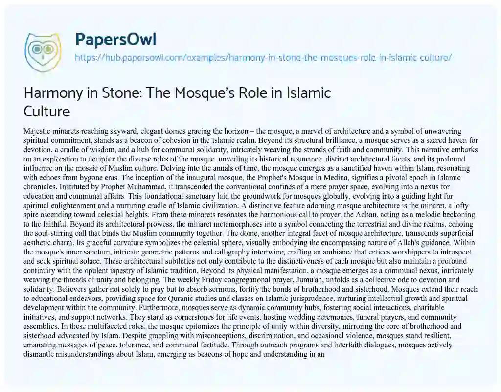 Essay on Harmony in Stone: The Mosque’s Role in Islamic Culture