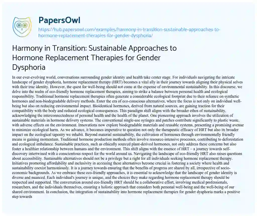 Essay on Harmony in Transition: Sustainable Approaches to Hormone Replacement Therapies for Gender Dysphoria