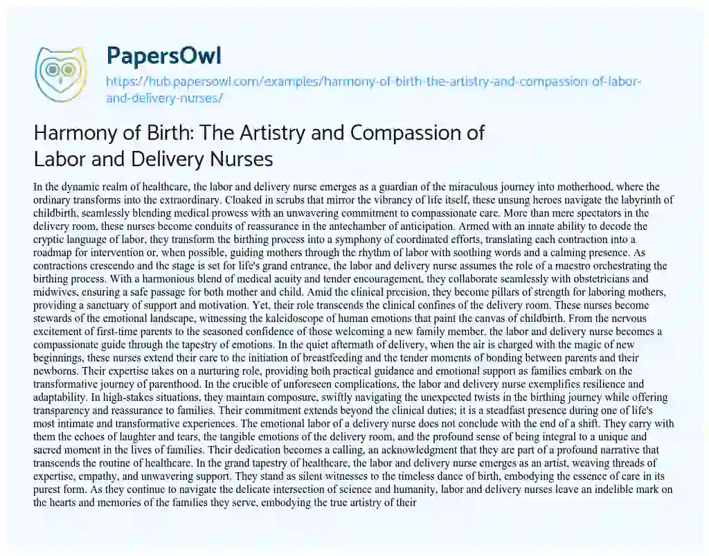 Essay on Harmony of Birth: The Artistry and Compassion of Labor and Delivery Nurses