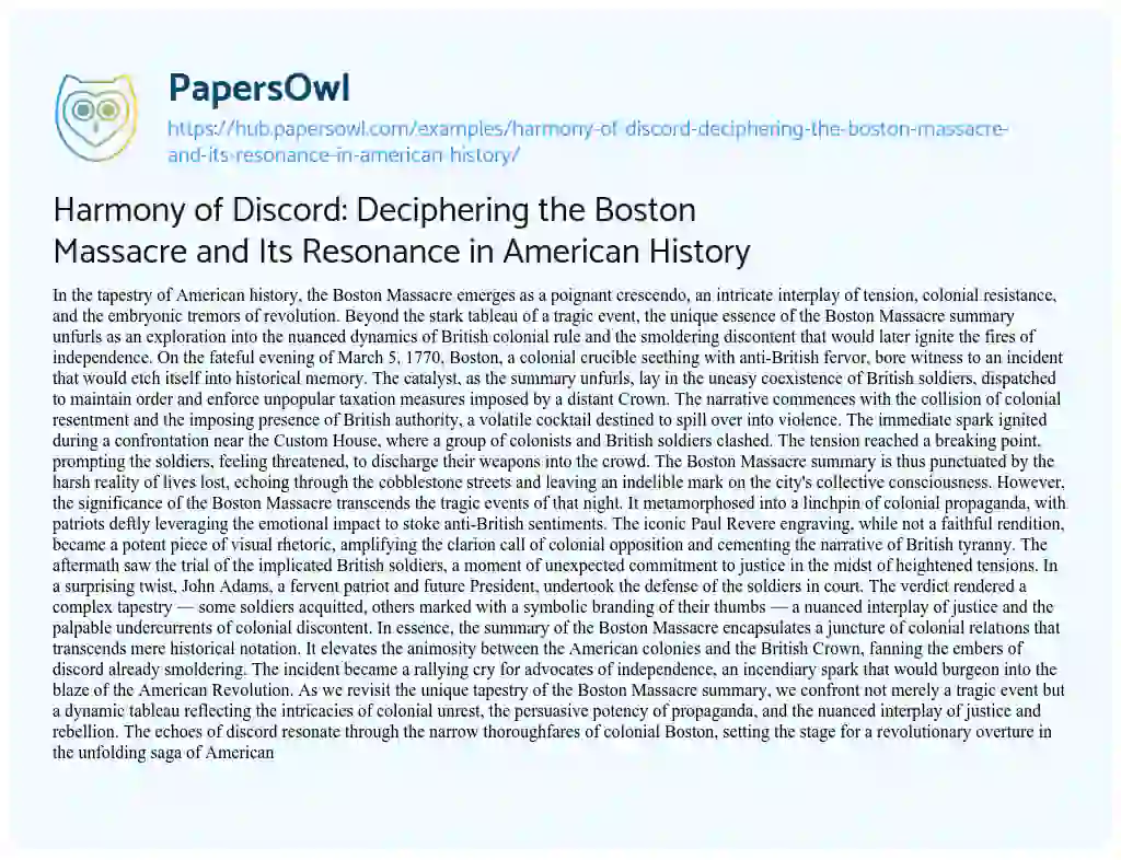 Essay on Harmony of Discord: Deciphering the Boston Massacre and Its Resonance in American History