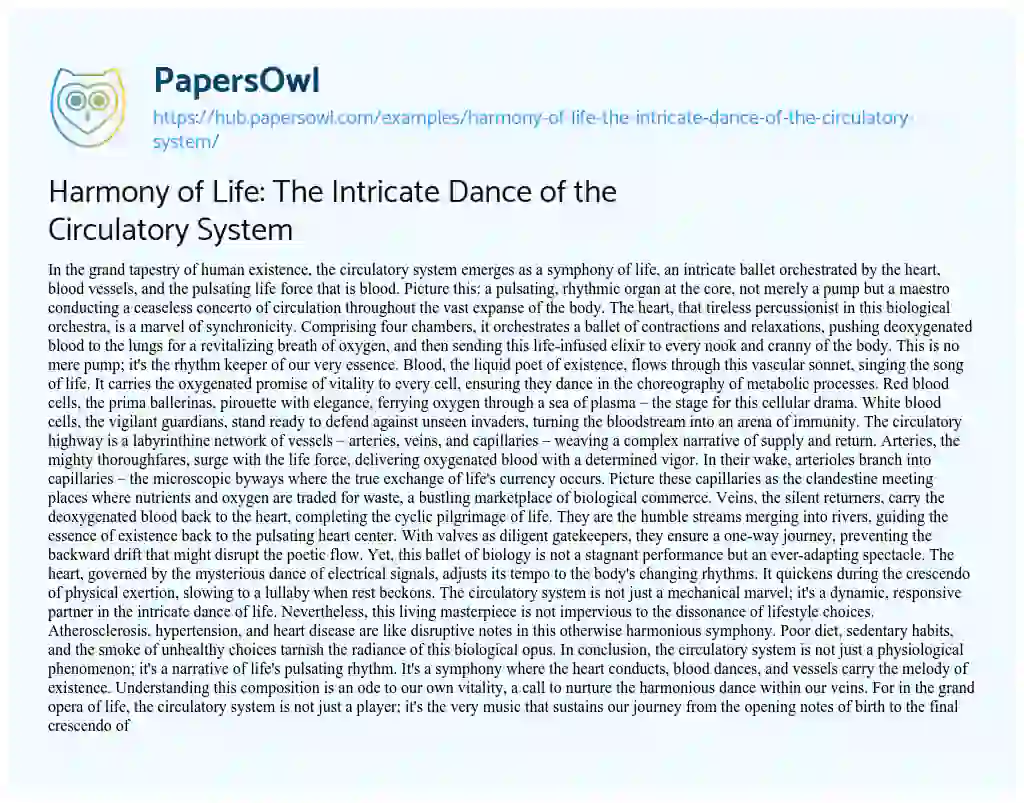 Essay on Harmony of Life: The Intricate Dance of the Circulatory System