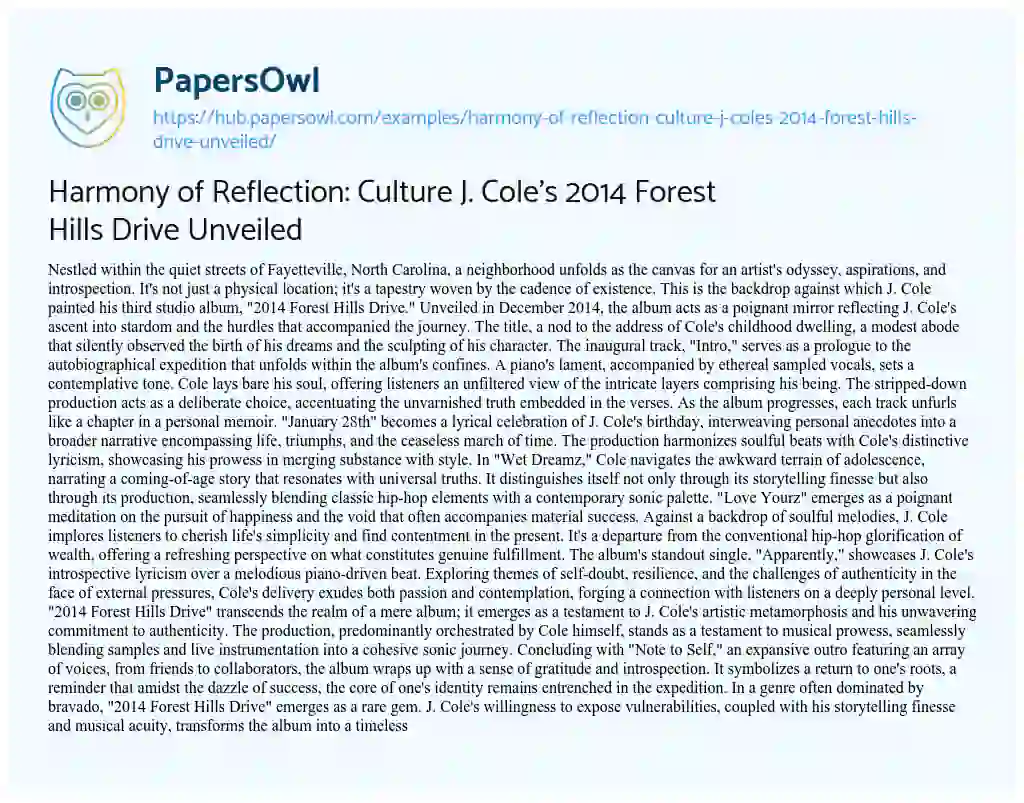 Essay on Harmony of Reflection: Culture J. Cole’s 2014 Forest Hills Drive Unveiled