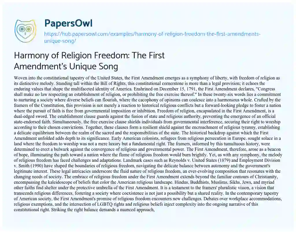 Essay on Harmony of Religion Freedom: The First Amendment’s Unique Song