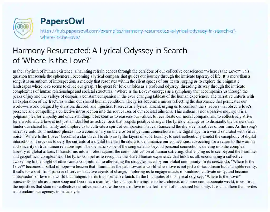 Essay on Harmony Resurrected: A Lyrical Odyssey in Search of ‘Where Is the Love?’