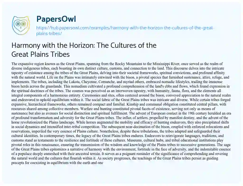 Essay on Harmony with the Horizon: The Cultures of the Great Plains Tribes