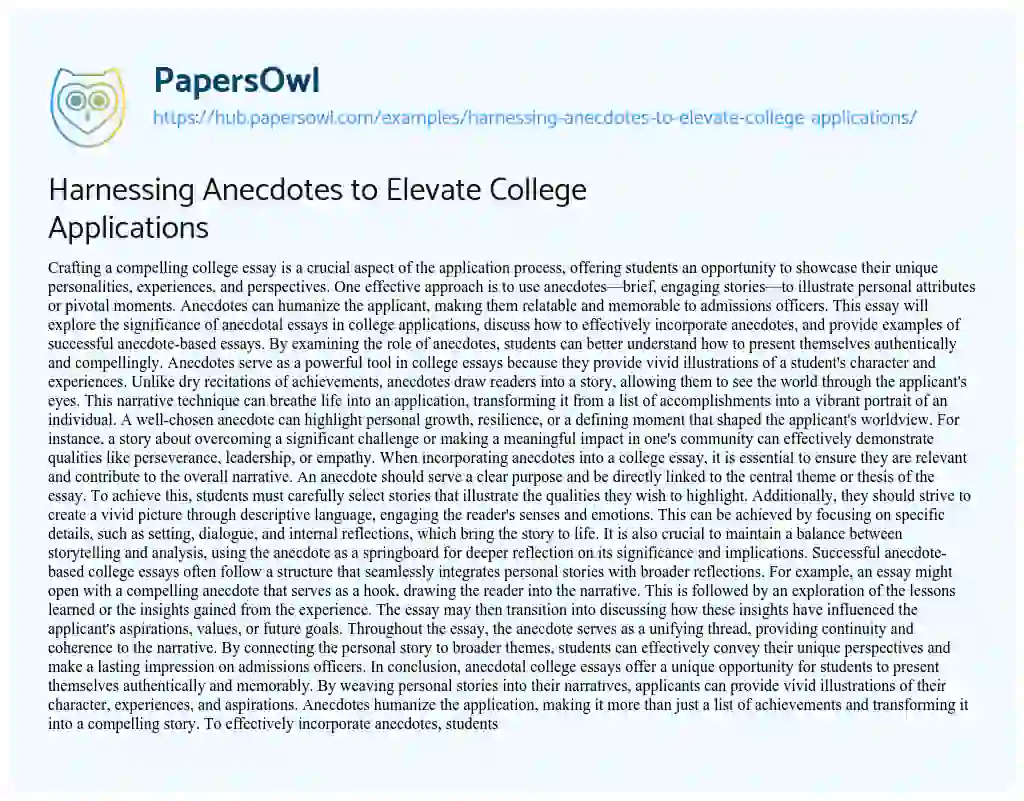 Essay on Harnessing Anecdotes to Elevate College Applications