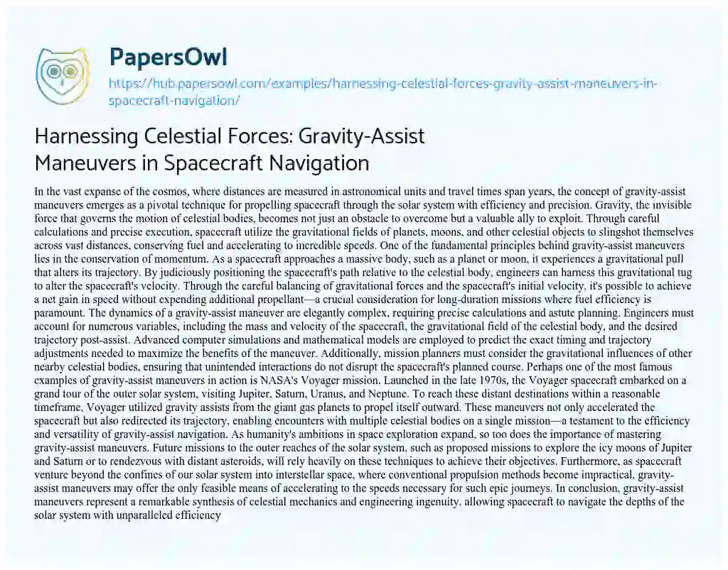 Essay on Harnessing Celestial Forces: Gravity-Assist Maneuvers in Spacecraft Navigation