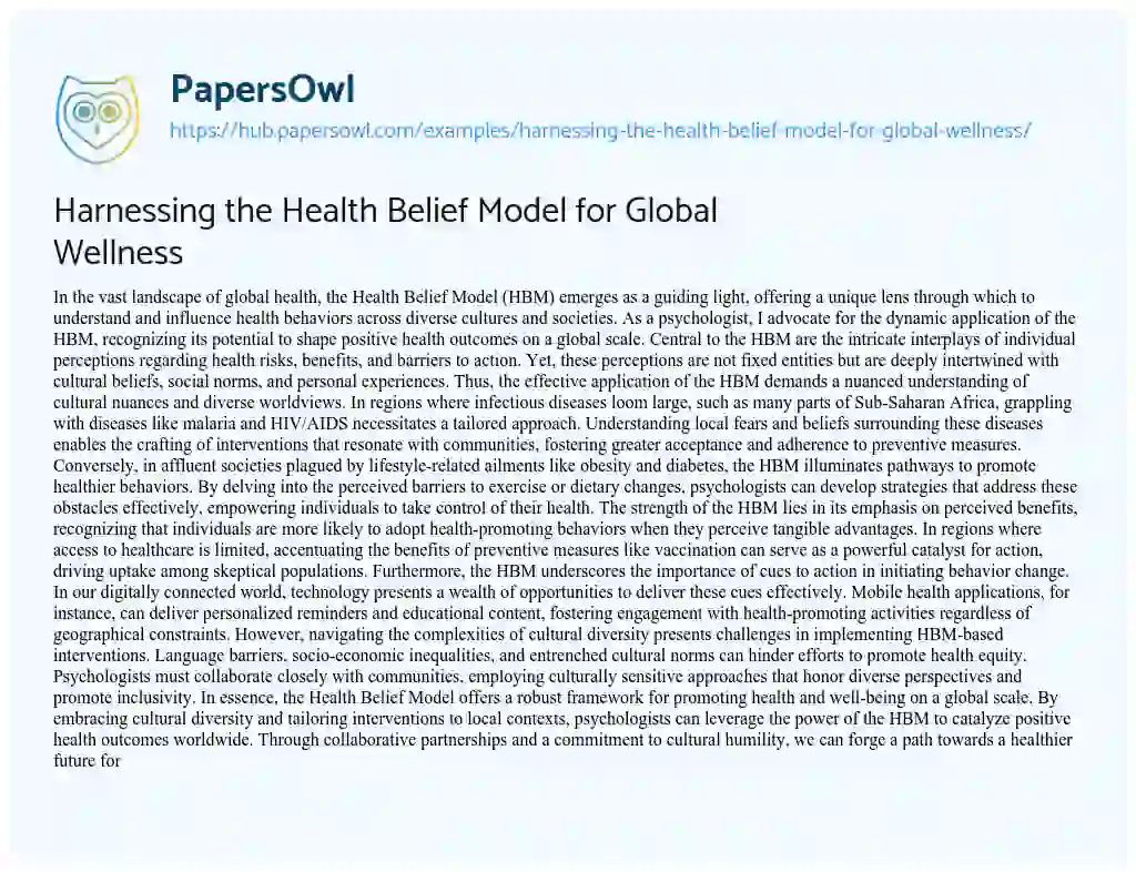 Essay on Harnessing the Health Belief Model for Global Wellness