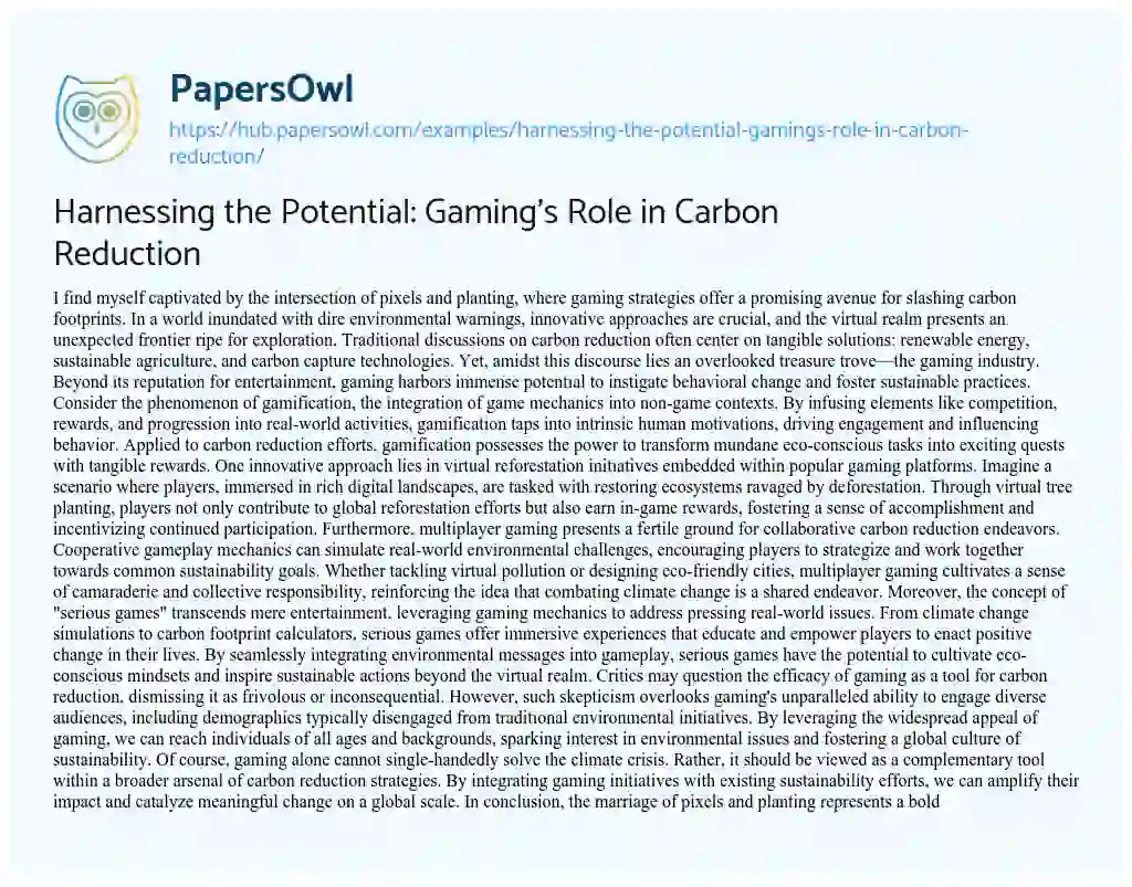 Essay on Harnessing the Potential: Gaming’s Role in Carbon Reduction