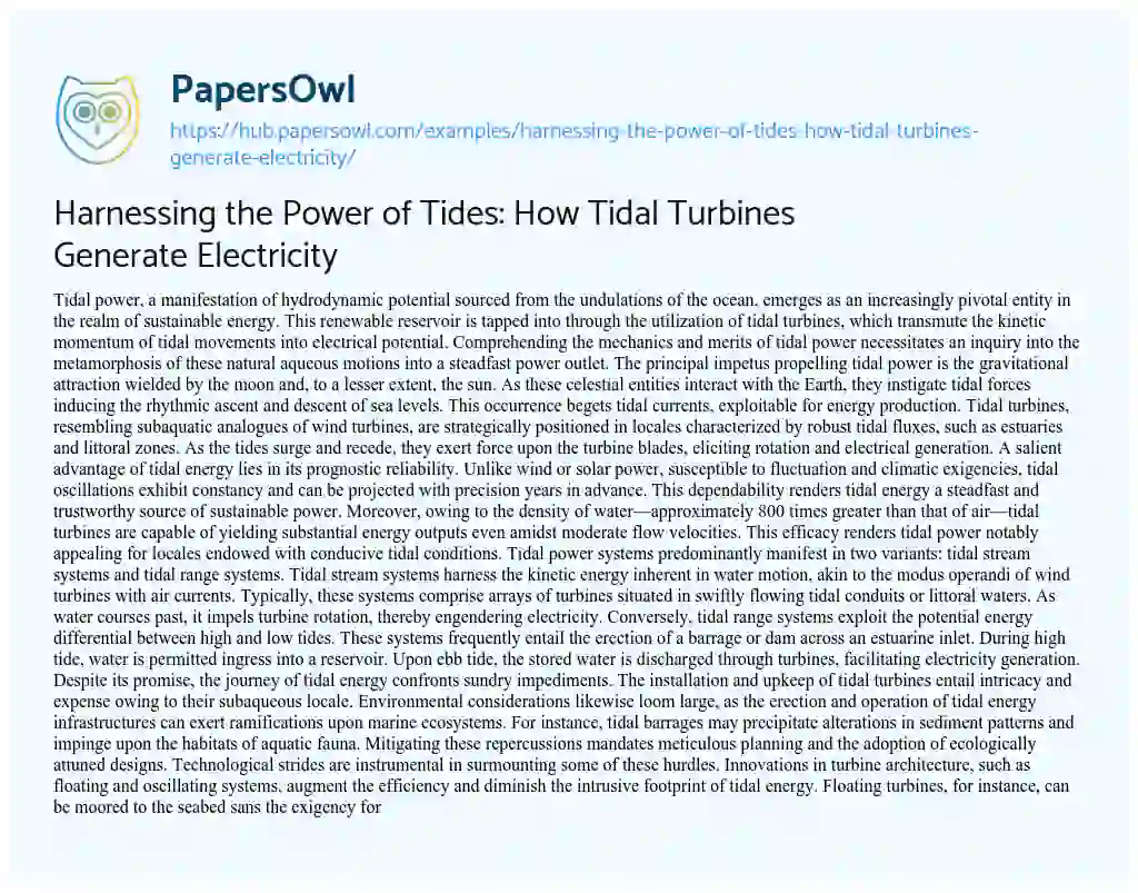 Essay on Harnessing the Power of Tides: How Tidal Turbines Generate Electricity