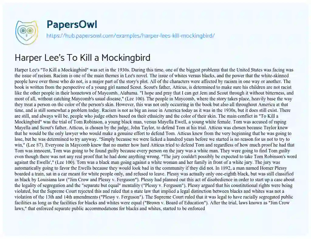 Essay on Harper Lee’s To Kill a Mockingbird