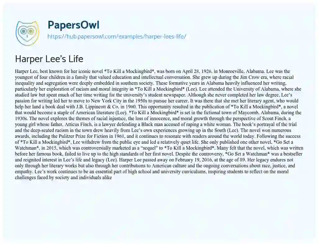 Essay on Harper Lee’s Life