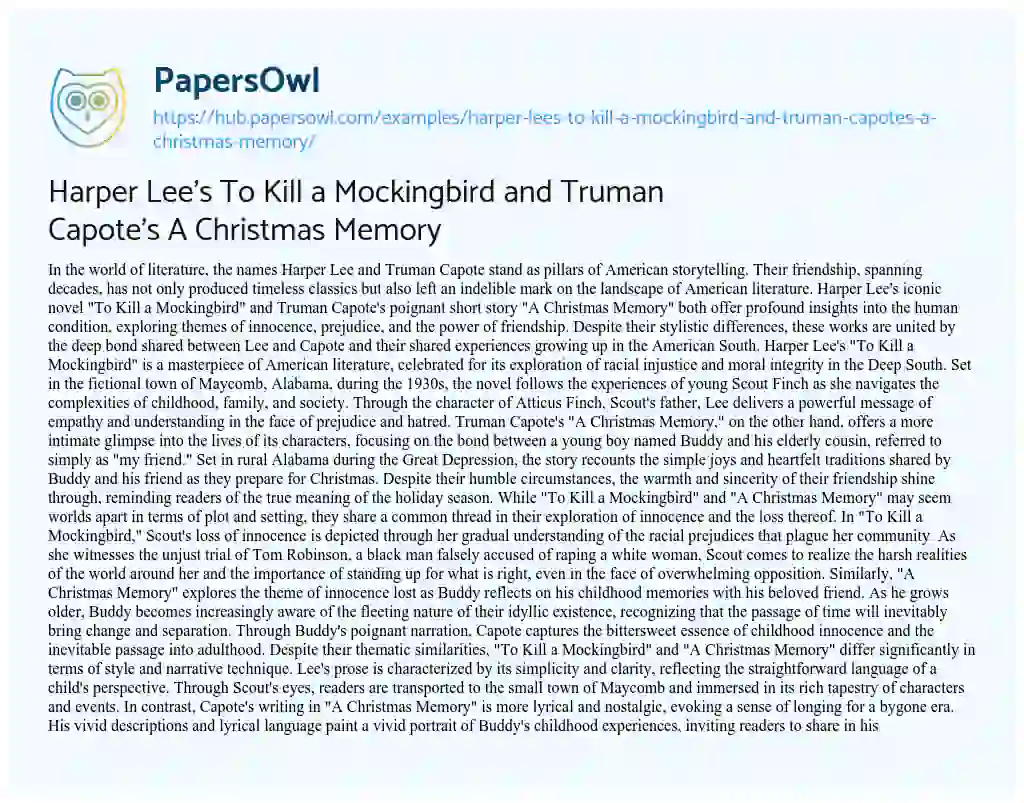 Essay on Harper Lee’s To Kill a Mockingbird and Truman Capote’s A Christmas Memory