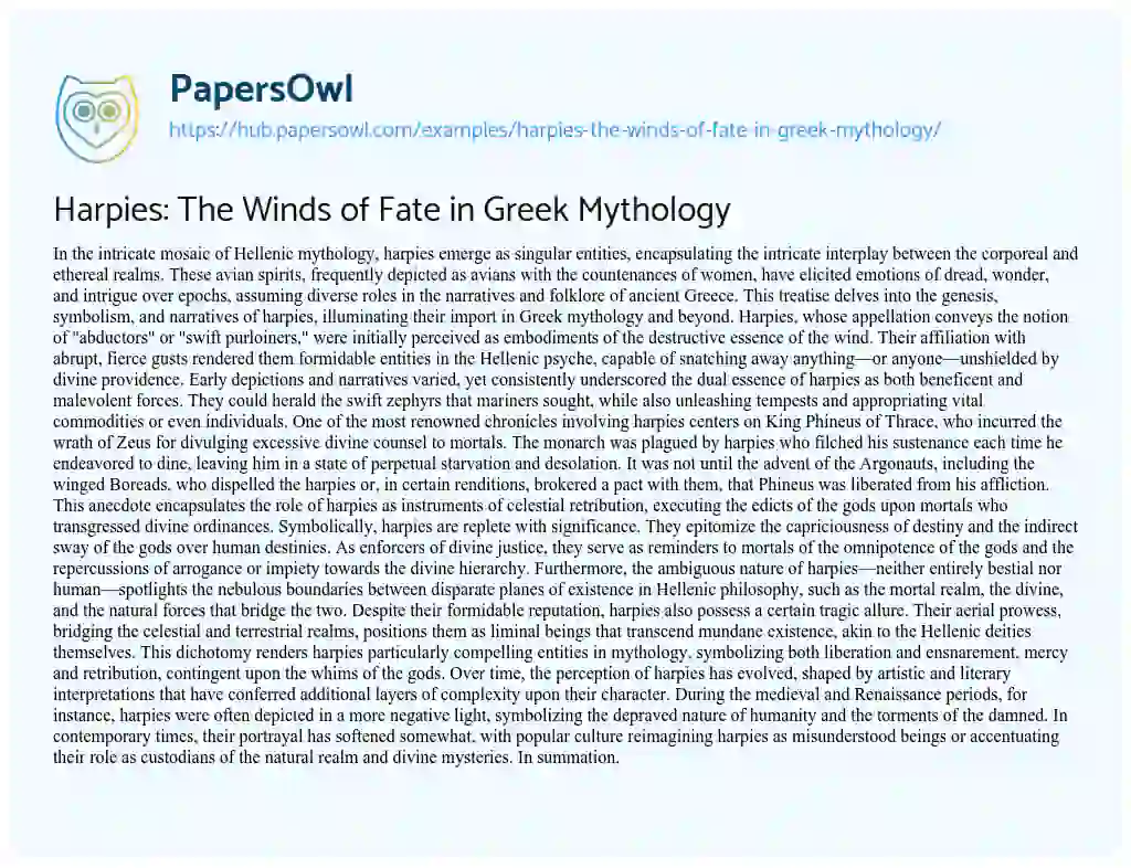 Essay on Harpies: The Winds of Fate in Greek Mythology