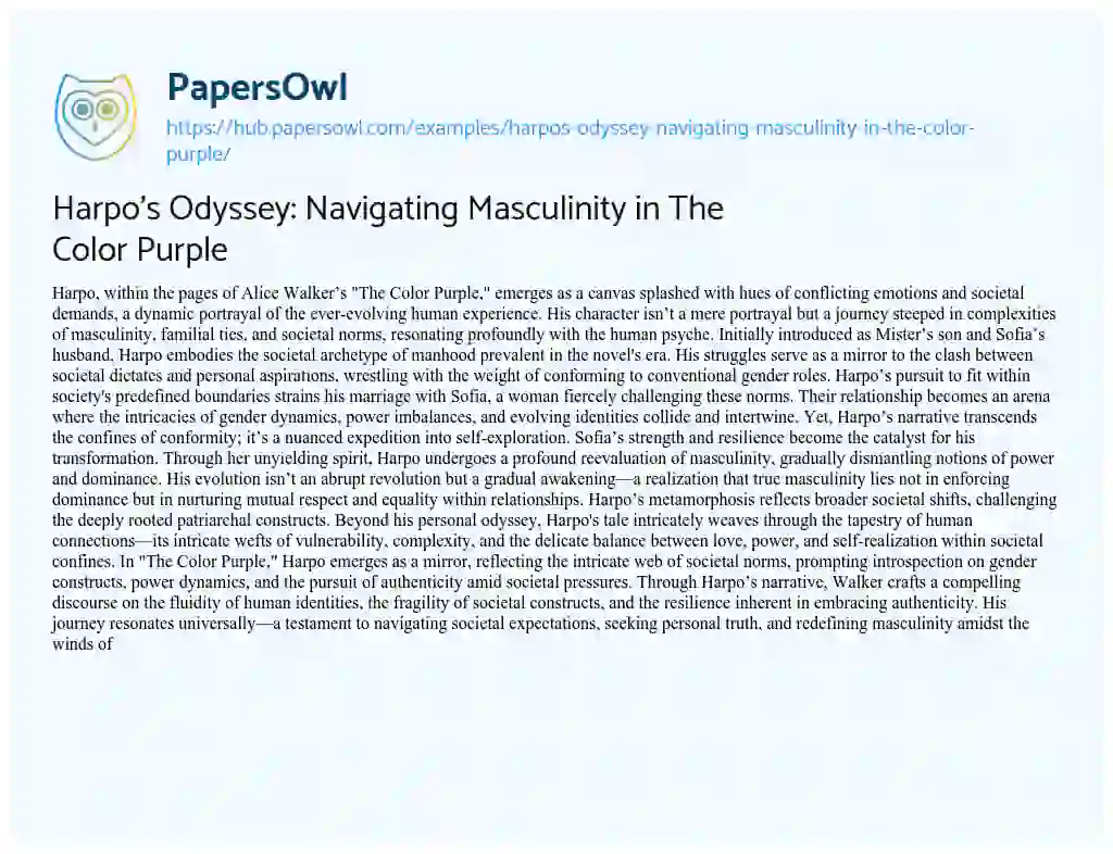 Essay on Harpo’s Odyssey: Navigating Masculinity in The Color Purple