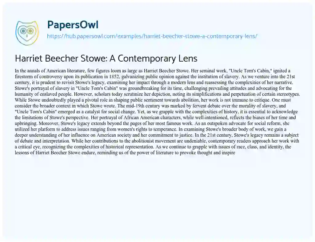 Essay on Harriet Beecher Stowe: A Contemporary Lens