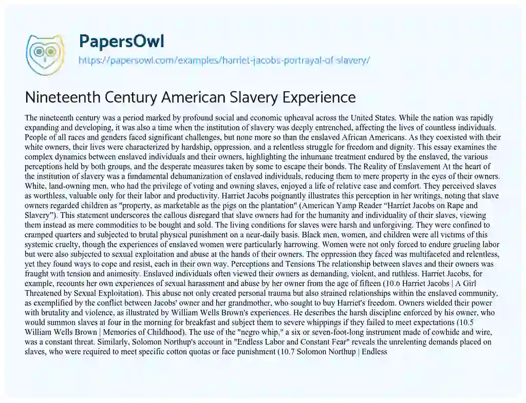 Essay on Nineteenth Century American Slavery Experience