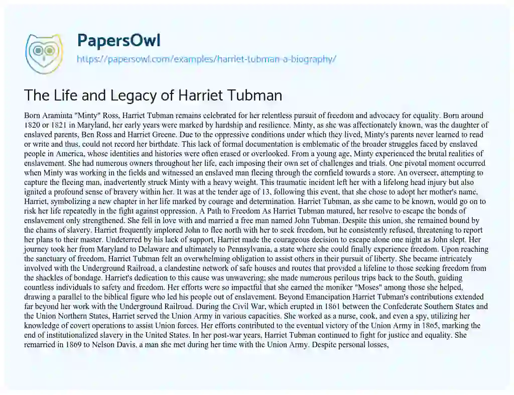 Essay on The Life and Legacy of Harriet Tubman