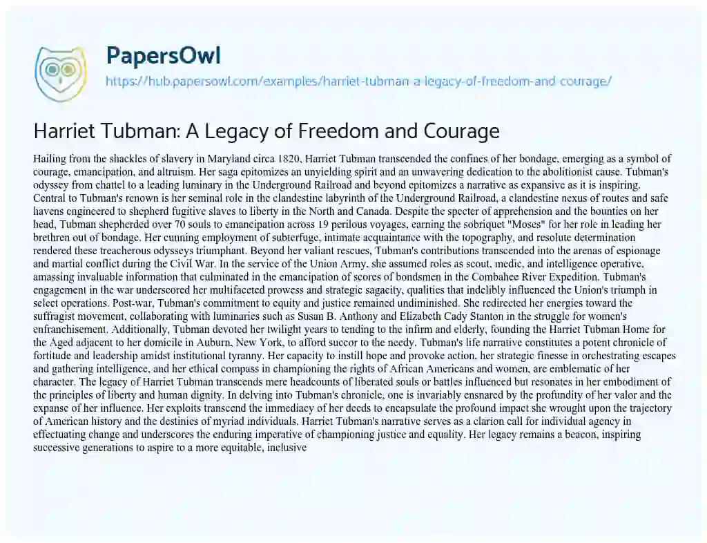 Essay on Harriet Tubman: A Legacy of Freedom and Courage