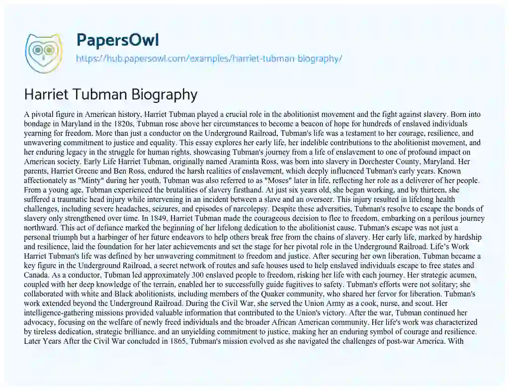 Essay on Harriet Tubman Biography