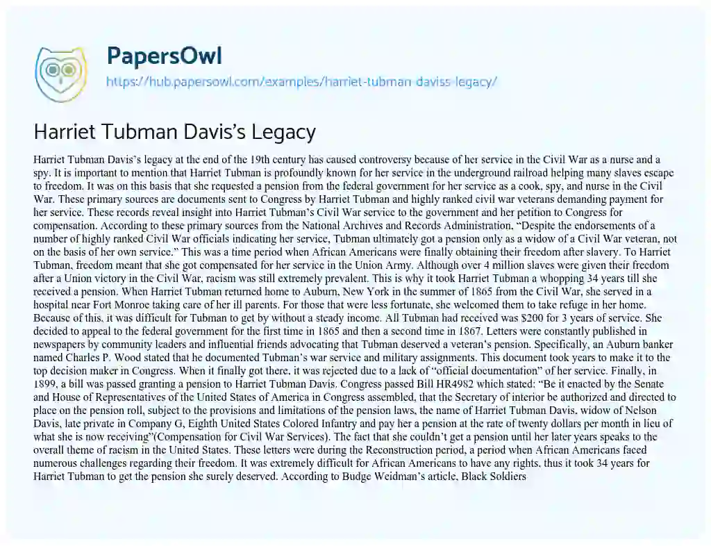 Essay on Harriet Tubman Davis’s Legacy