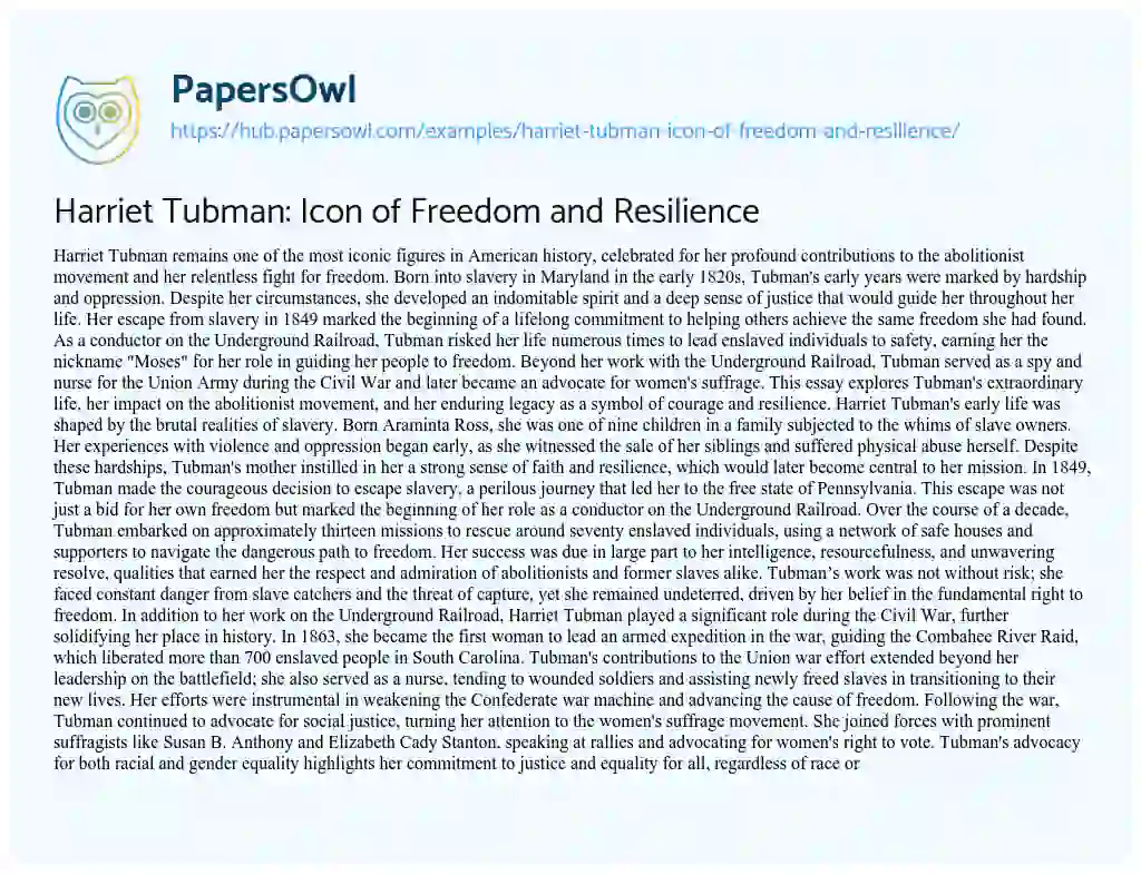 Essay on Harriet Tubman: Icon of Freedom and Resilience