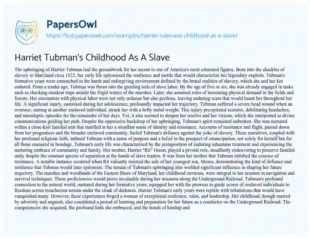 Essay on Harriet Tubman’s Childhood As A Slave