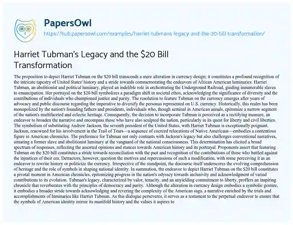 Essay on Harriet Tubman’s Legacy and the $20 Bill Transformation
