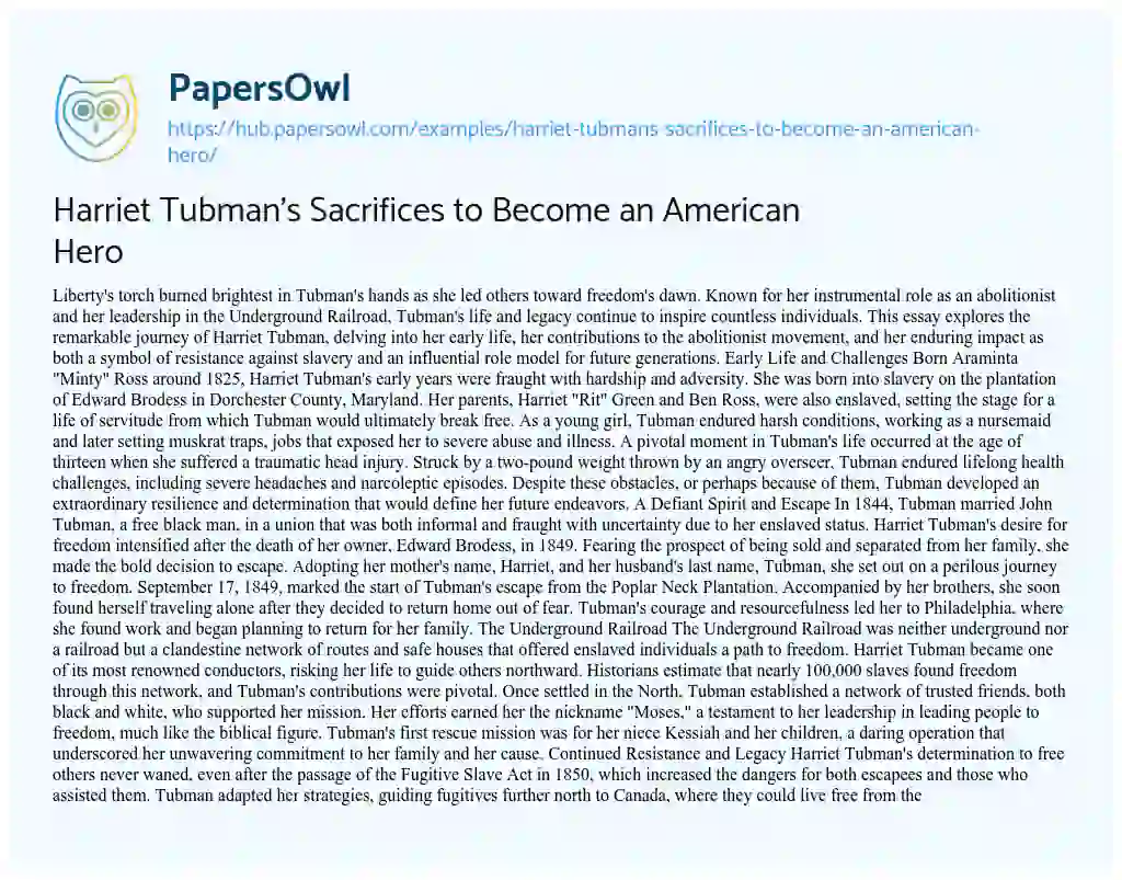 Essay on Harriet Tubman’s Sacrifices to Become an American Hero