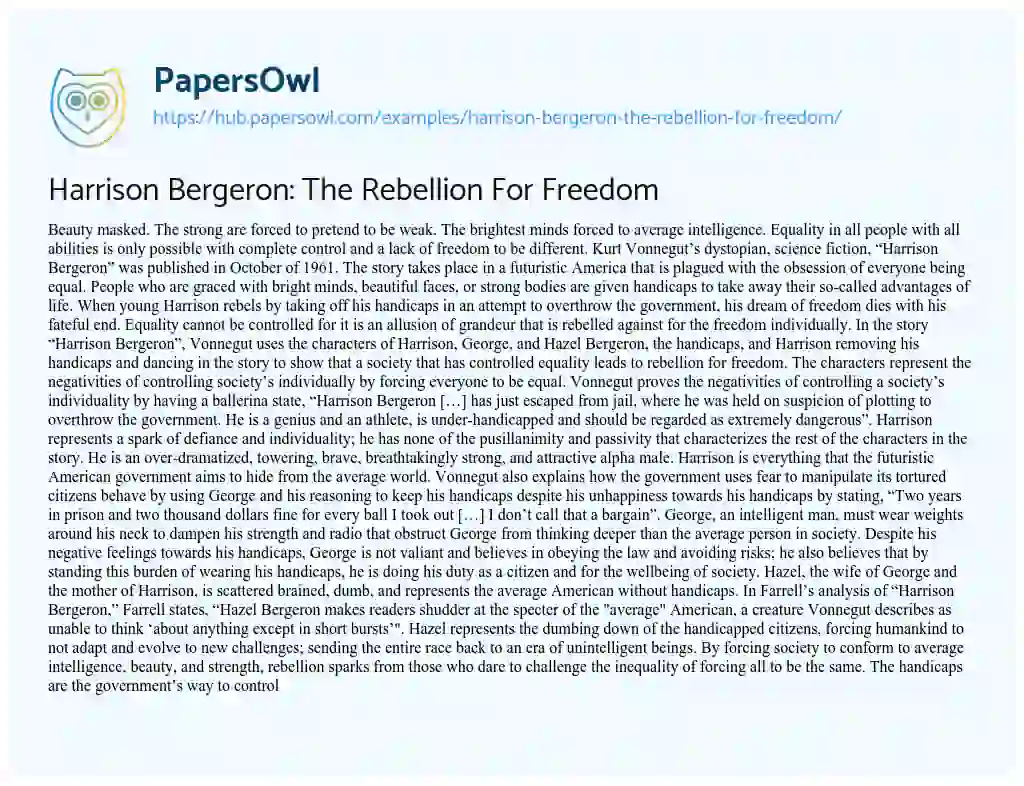 Essay on Harrison Bergeron: The Rebellion For Freedom
