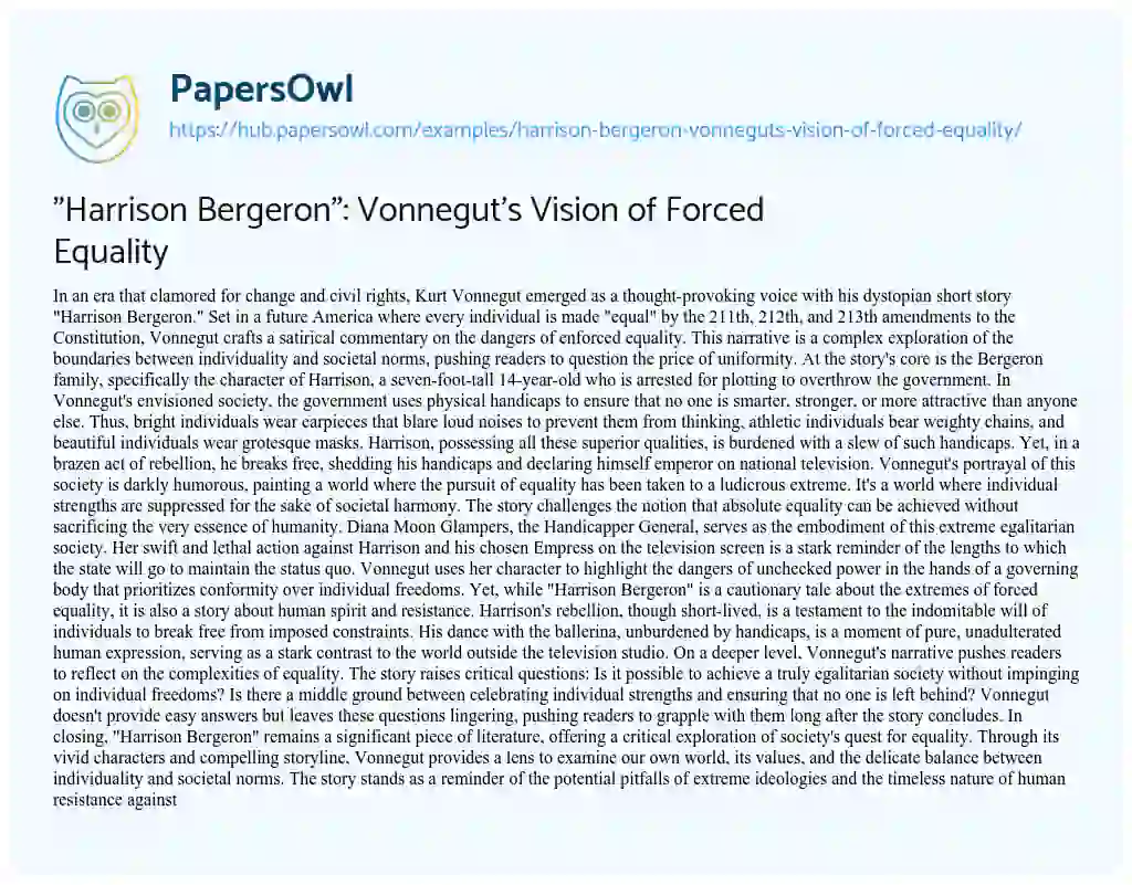 Essay on “Harrison Bergeron”: Vonnegut’s Vision of Forced Equality