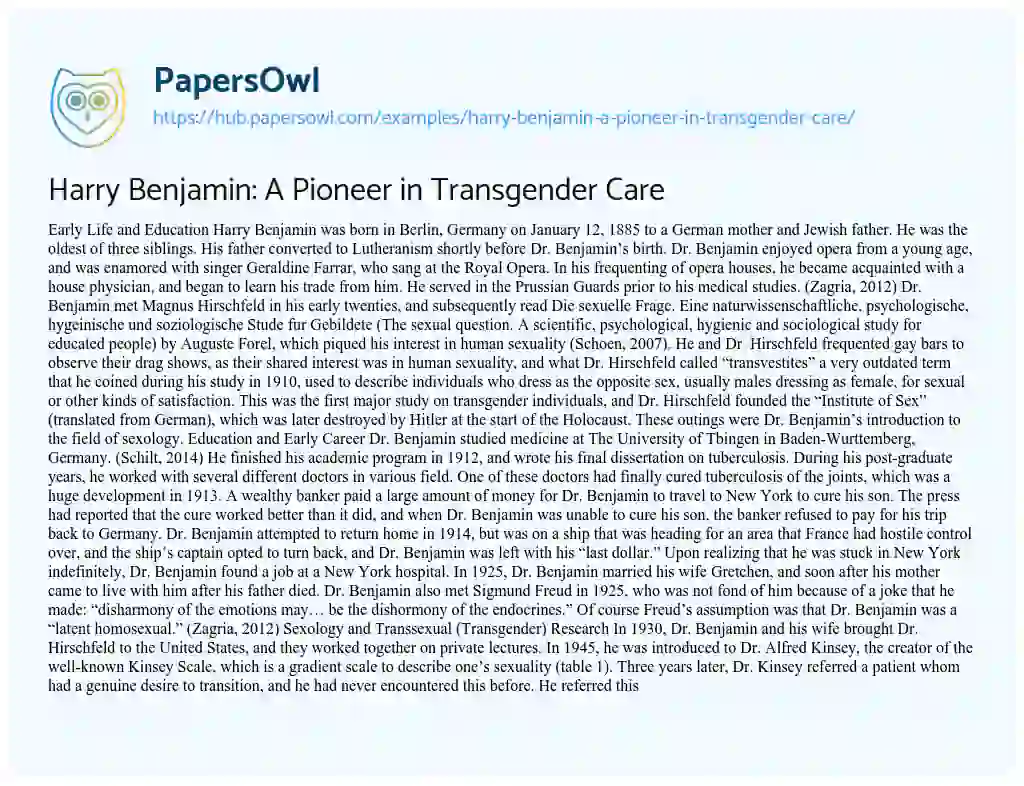 Essay on Harry Benjamin: A Pioneer in Transgender Care