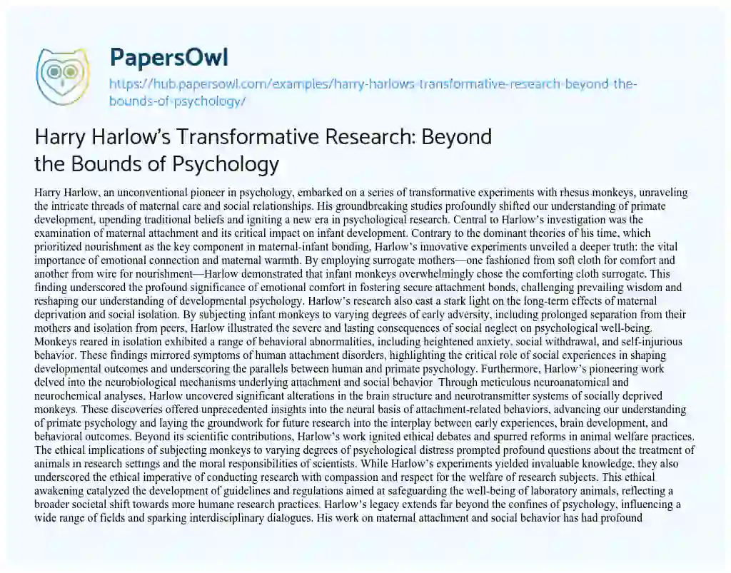 Essay on Harry Harlow’s Transformative Research: Beyond the Bounds of Psychology