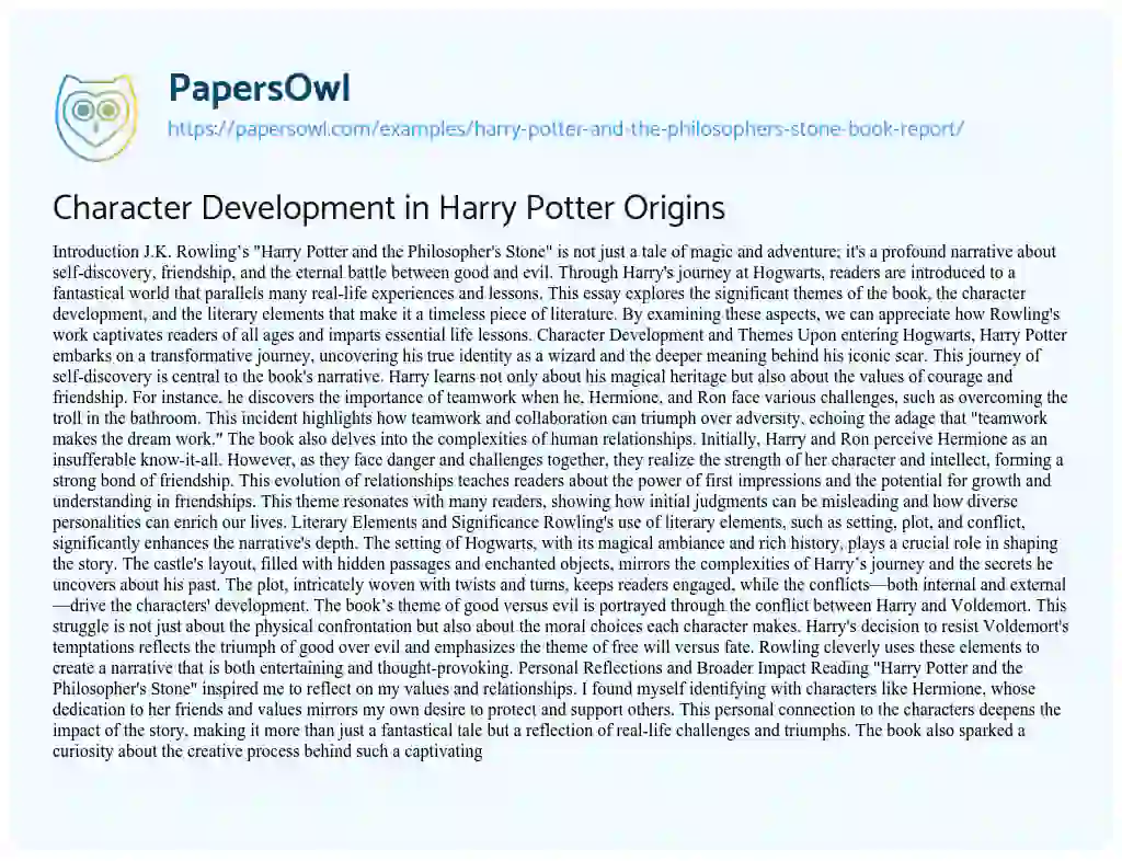 Essay on Character Development in Harry Potter Origins
